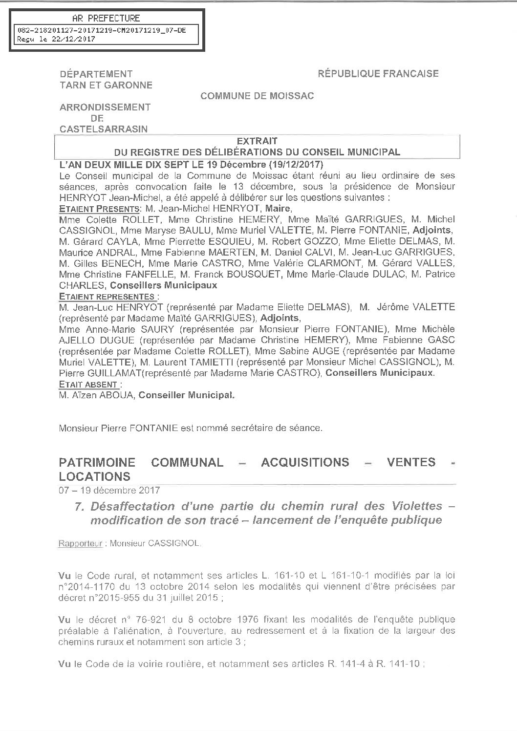 07 DESAFFECTATION PARTIE CHEMIN RURAL DES VIOLETTES MODIF TRACE ET LANCEMENT ENQUETE PUBLIQUE