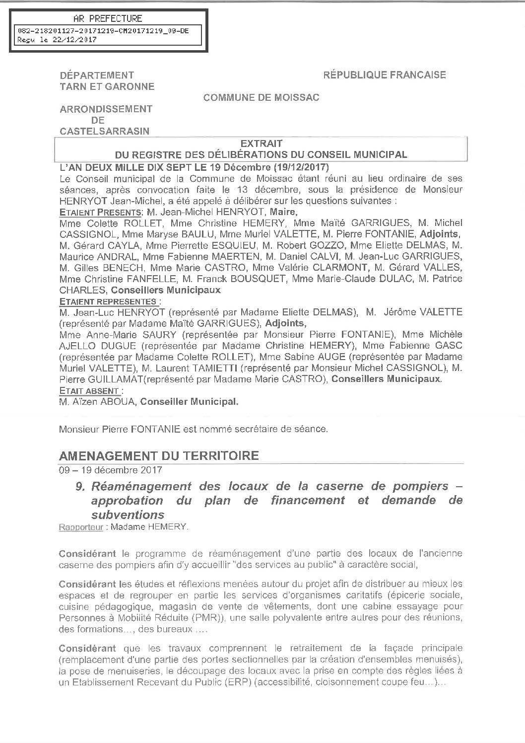 09 REAMENAGEMENT LOCAUX CASERNE POMPIERS – APPROBATION PLAN DE FINANCEMENT DEMANDE SUB