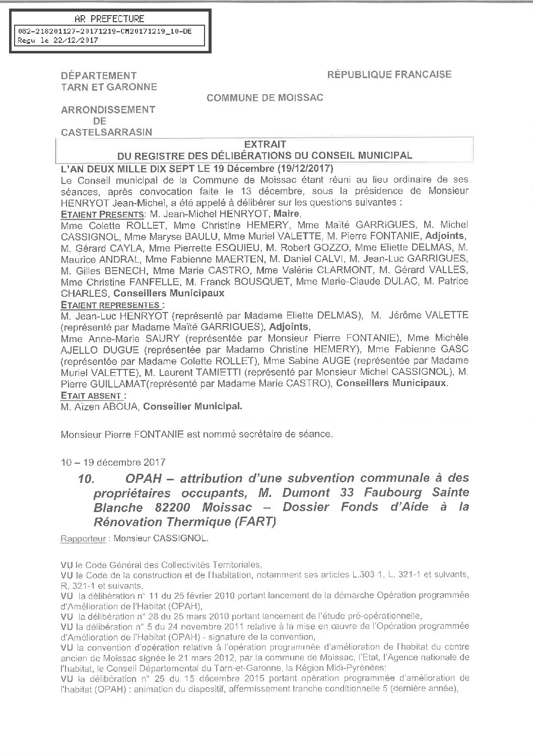 10 OPAH ATTRIBUTION SUB PROPRIO OCCUPANTS M. DUMONT FART