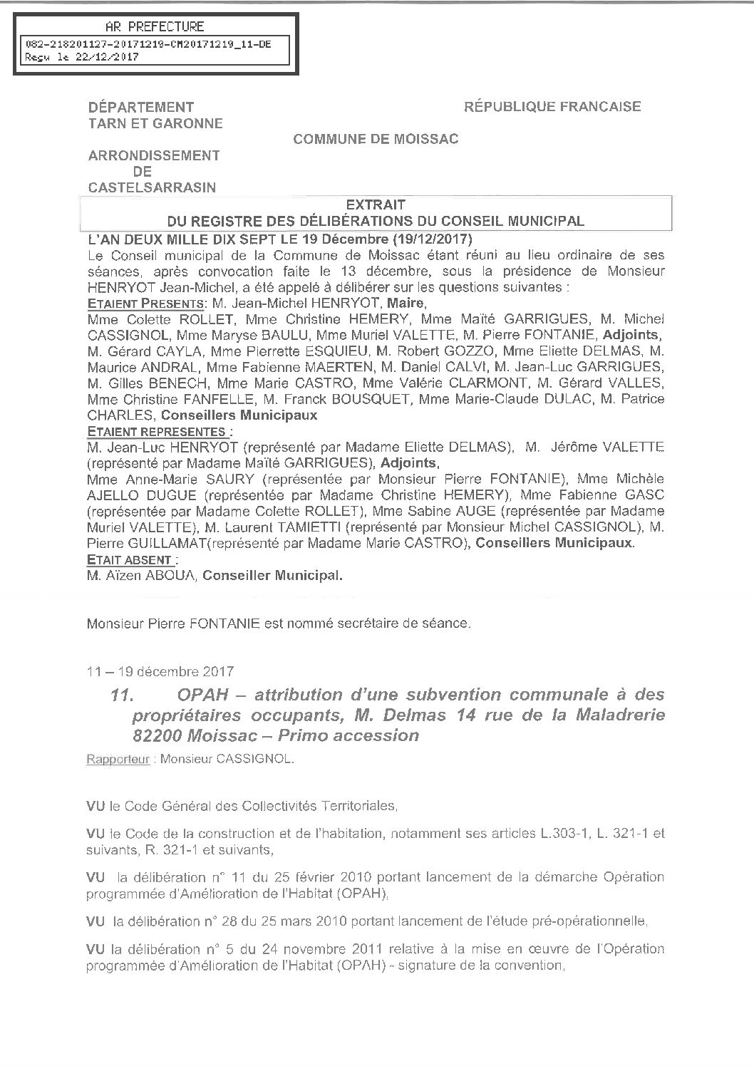 11 OPAH ATTRIBUTION SUB PROPRIETAIRE OCCUPANT M. DELMAS PRIMO ACCESSION