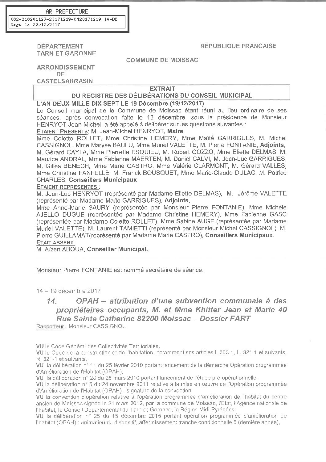 14 OPAH ATTRIBUTION SUBVENTION PROPRIETAIRE OCCUPANT M. MME KHITTER FART