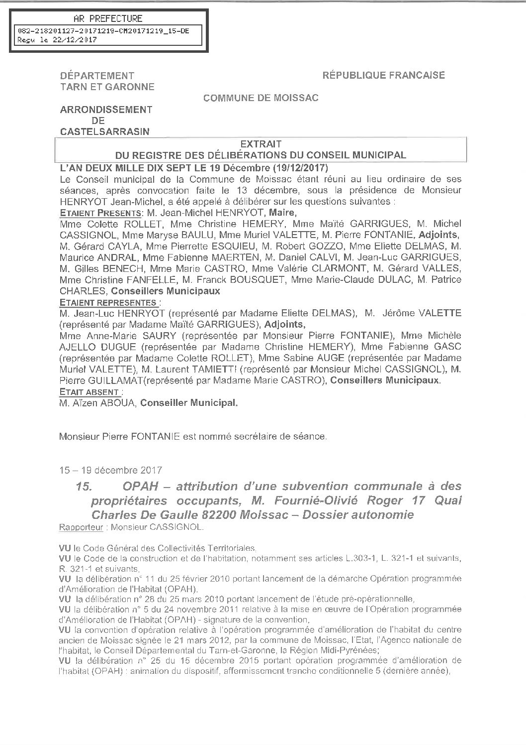 15 OPAH ATTRIBUTION SUBVENTION PROPRIETAIRE OCCUPANT M. FOURNIE OLIVIE AUTONOMIE