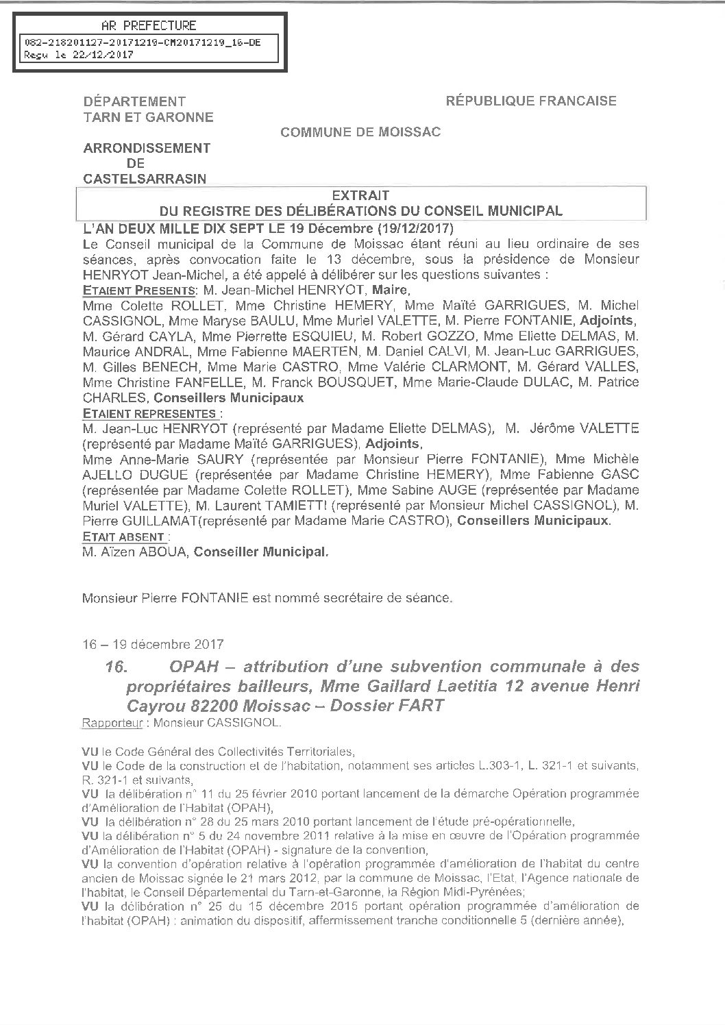 16 OPAH ATTRIBUTION SUBVENTION MME GAILLARD FART