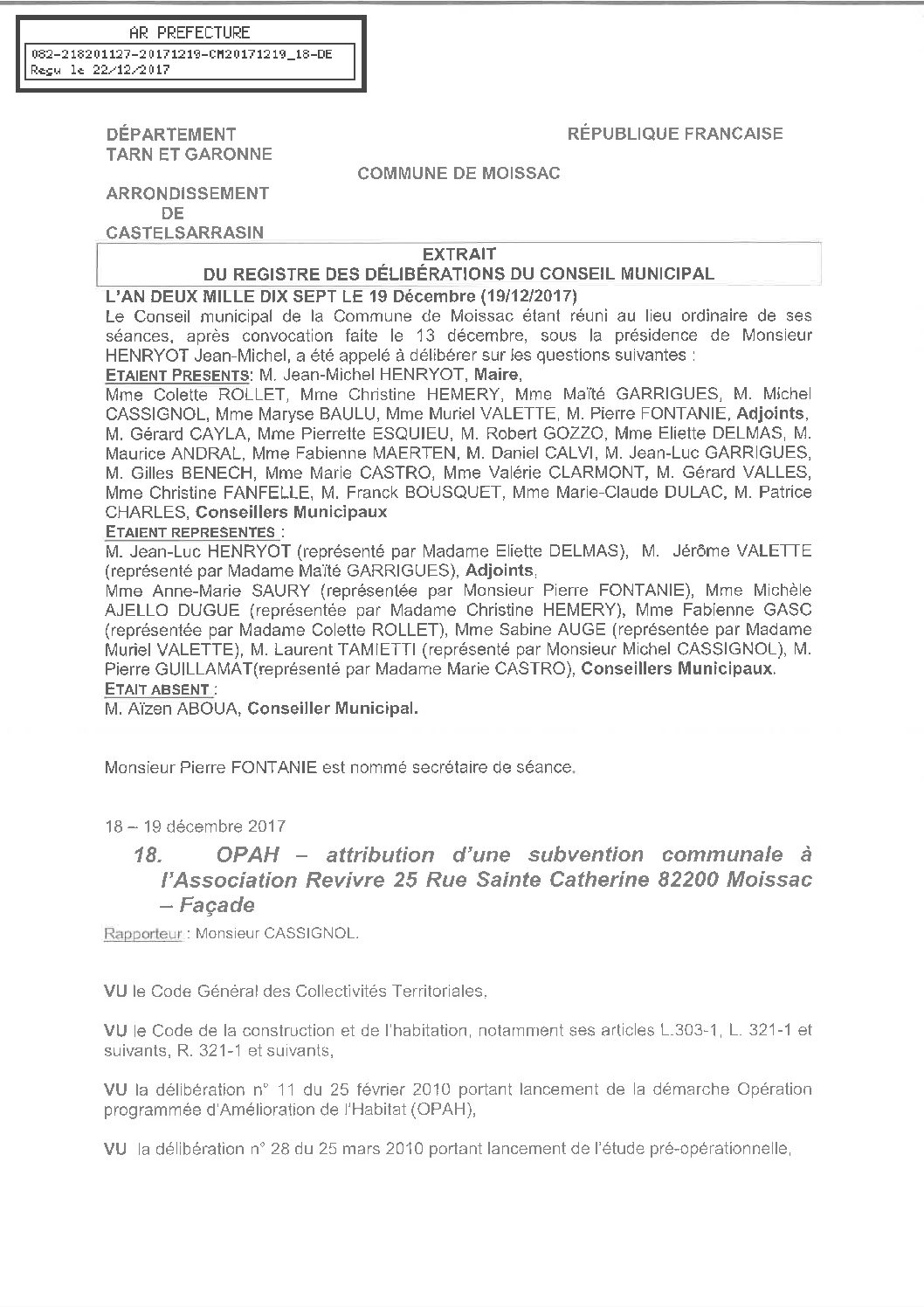 18 OPAH ATTRIBUTION SUBVENTION ASSOCIATION REVIVRE FACADE RUE STE CATHERINE