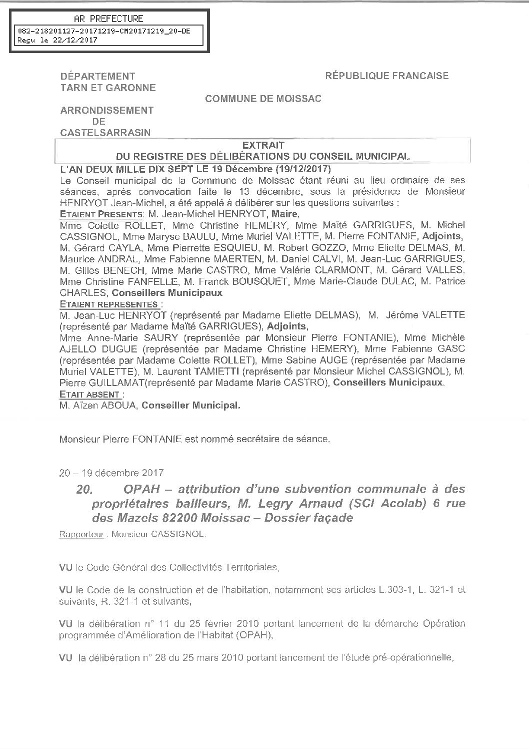 20 OPAH ATTRIBUTION SUBVENTION PROPRIETAIRE BAILLEUR M. LEGRY SCI ACOLAB FACADE