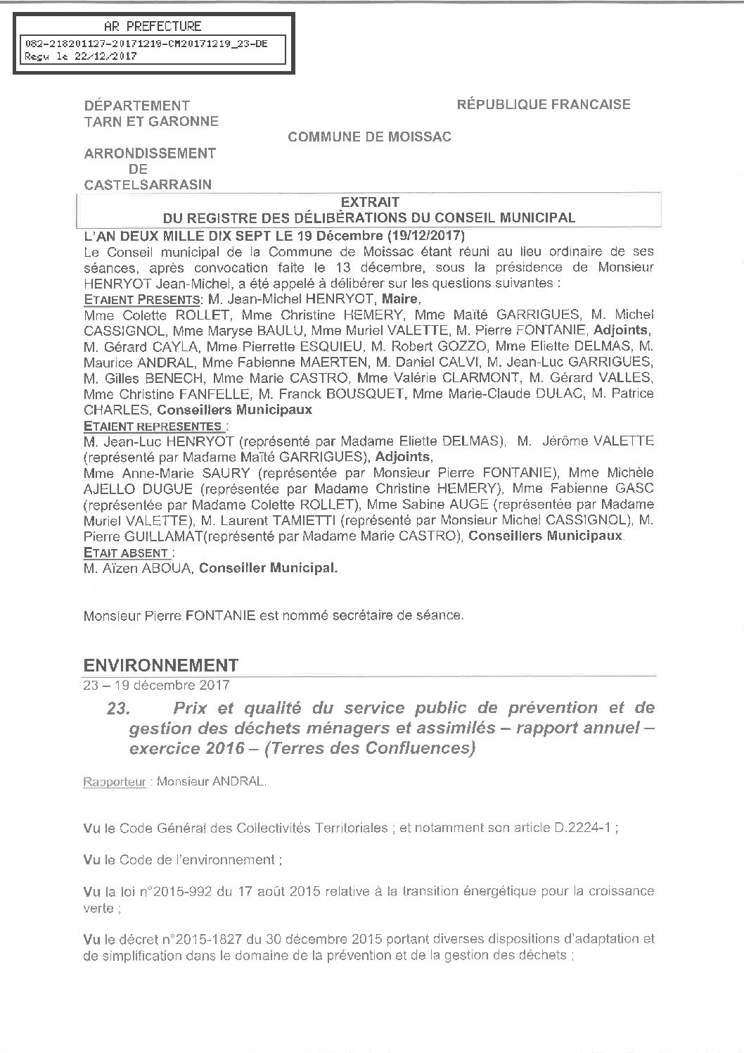 23 PRIX ET QUALITE SP PREVENTION ET GESTION DECHETS MENAGERS ET ASSIMILES RAPPORT 2016