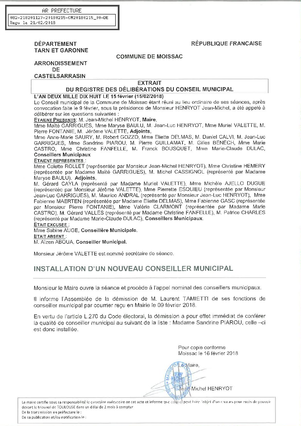 00 INSTALLATION D UN NOUVEAU CONSEILLER MUNICIPAL