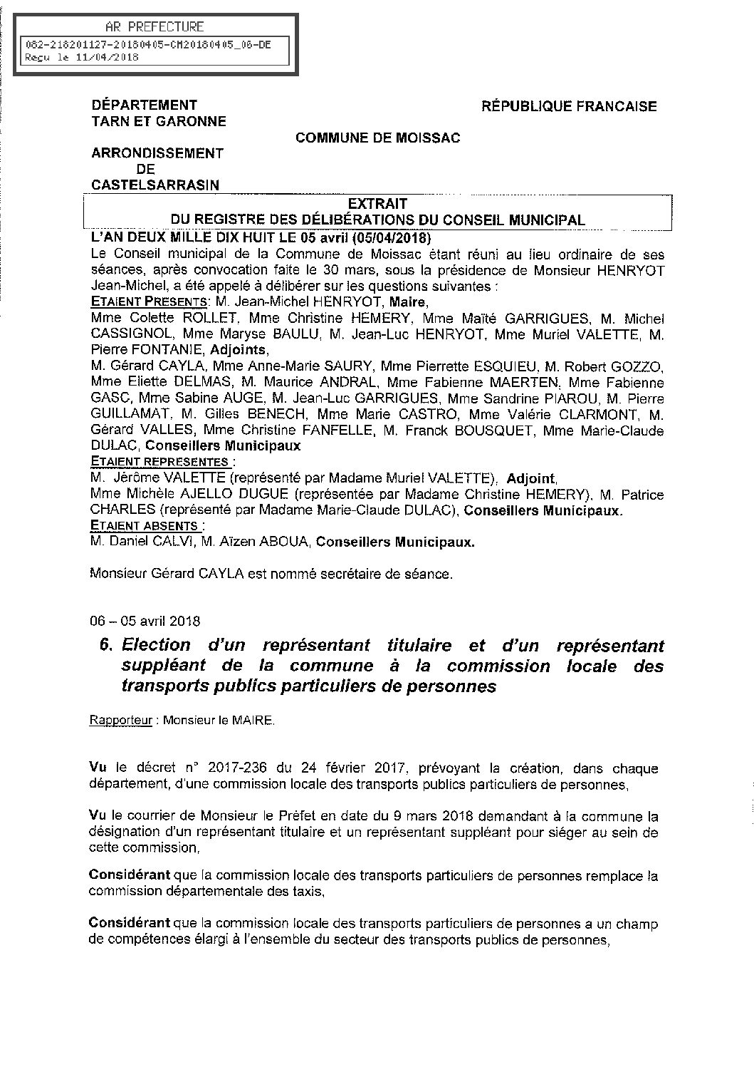 06 ELECTION TITULAIRE ET SUPPLEANT A COMMISSION LOCALE DES TRANSPORTS PUBLICS PARTICULIERS DE PERSONNES