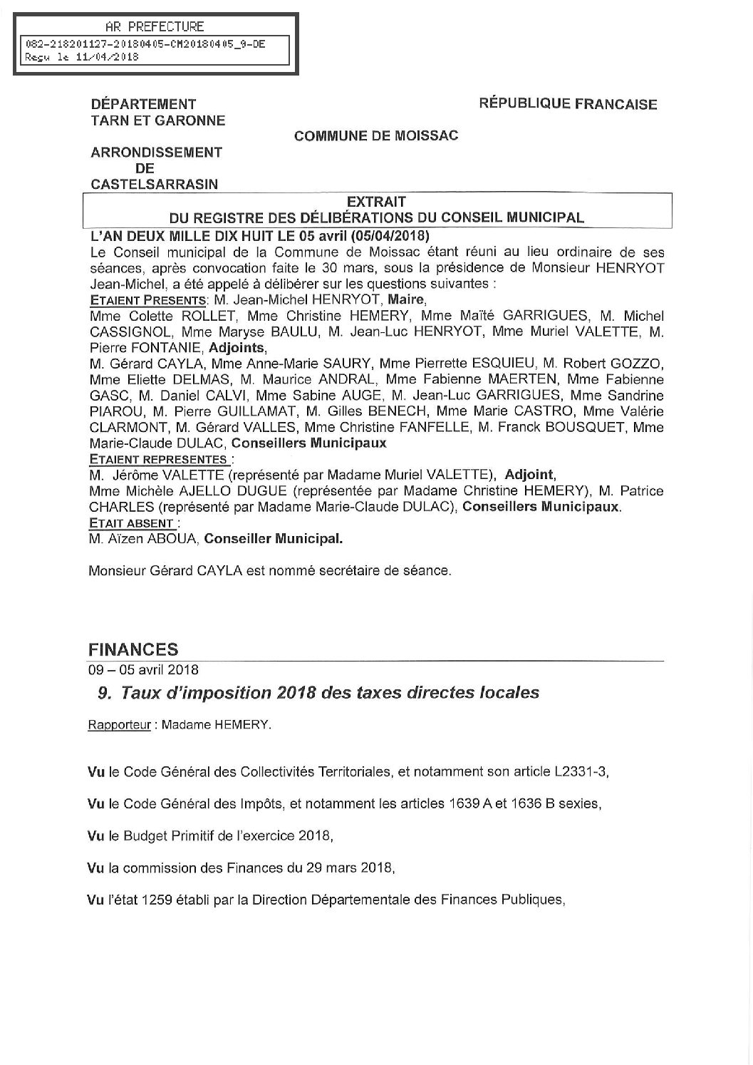 09 TAUX IMPOSITION 2018 TAXES DIRECTES LOCALES