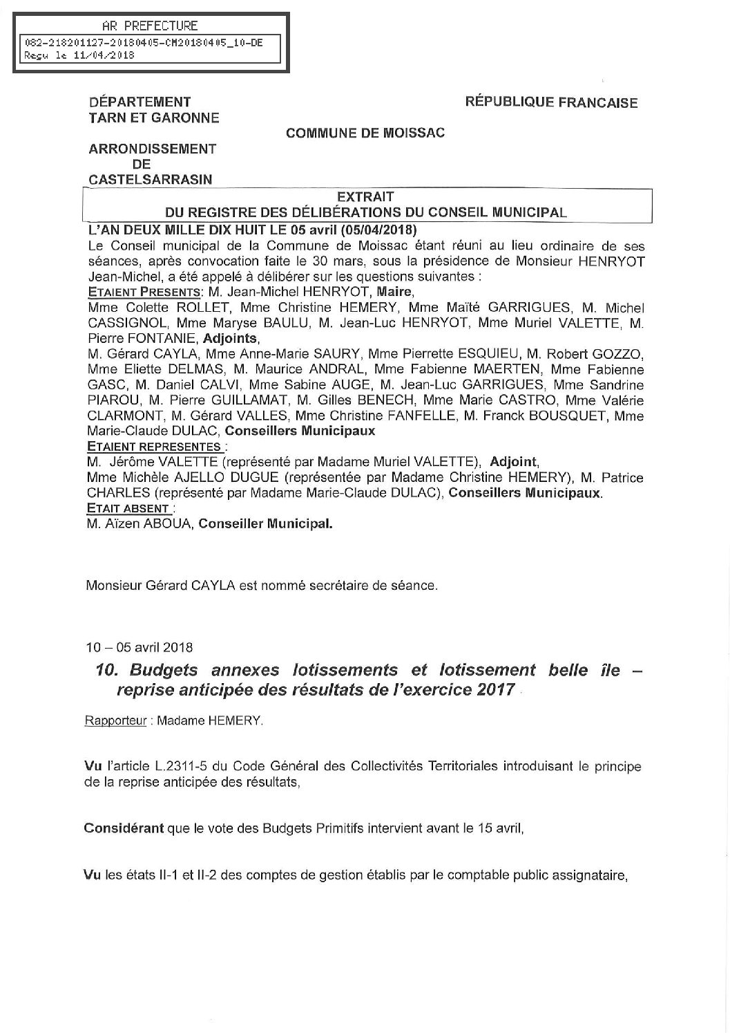 10 BUDGETS LOTISSEMENTS ET LOTISSEMENT BELLE ILE REPRISE ANTICIPEE DES RESULTATS 2017