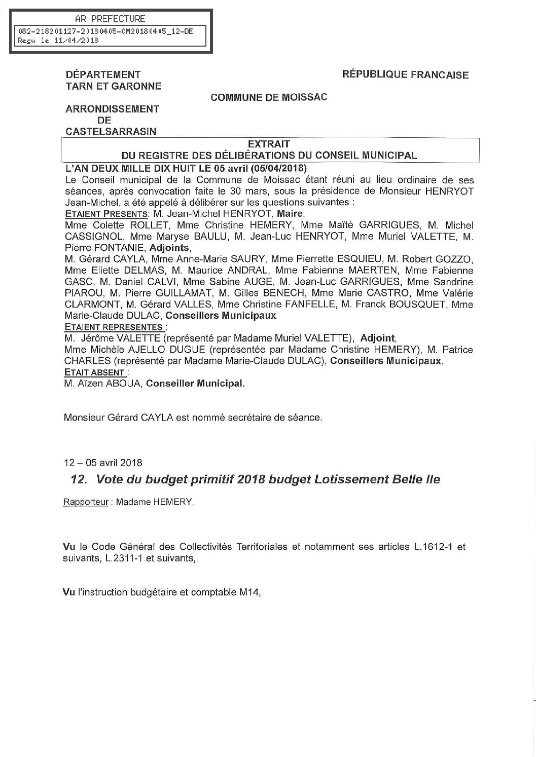 12 BUDGET PRIMITIF 2018 LOTISSEMENT BELLE ILE