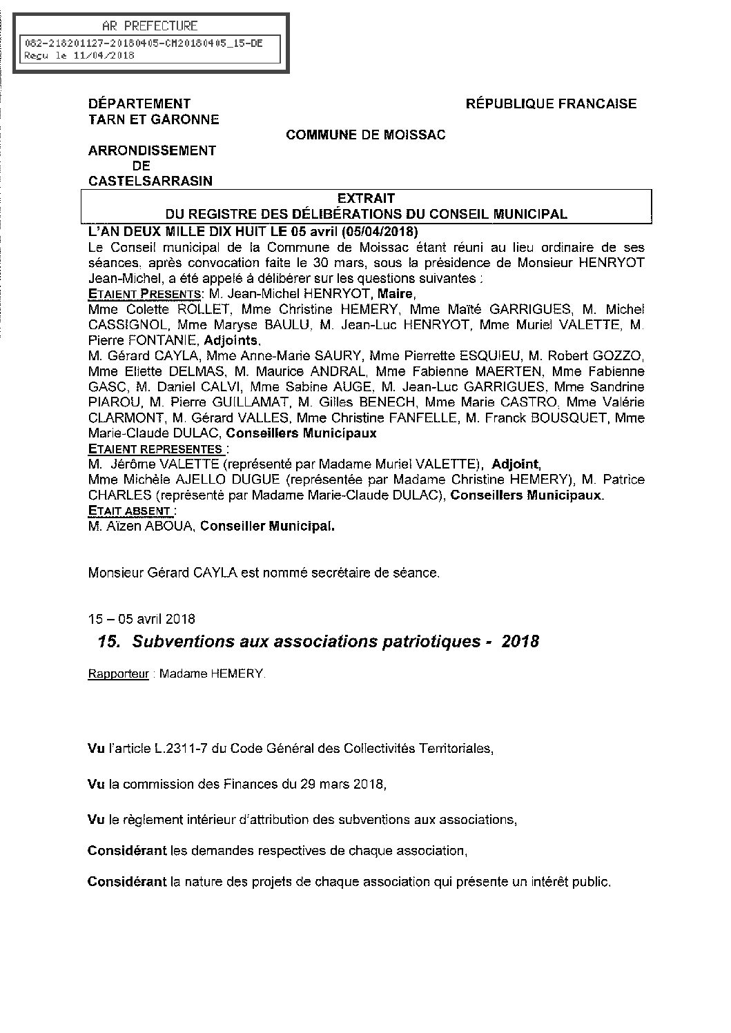 15 SUBVENTIONS ASSOCIATIONS PATRIOTIQUES 2018