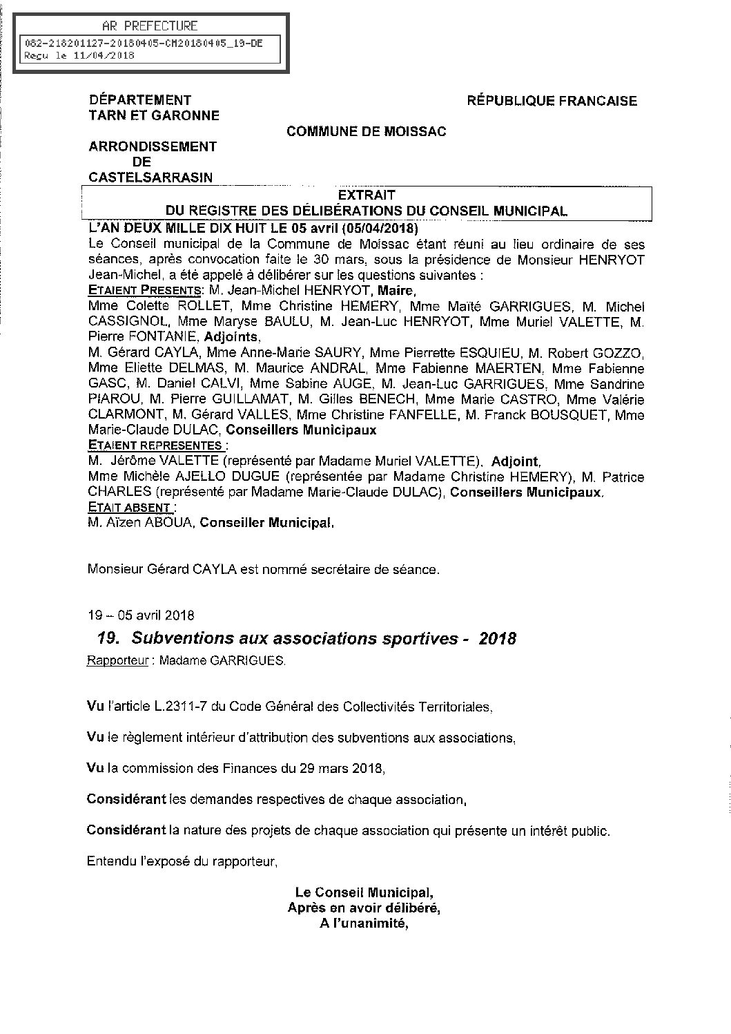 19 SUBVENTIONS ASSOCIATIONS SPORTIVES 2018