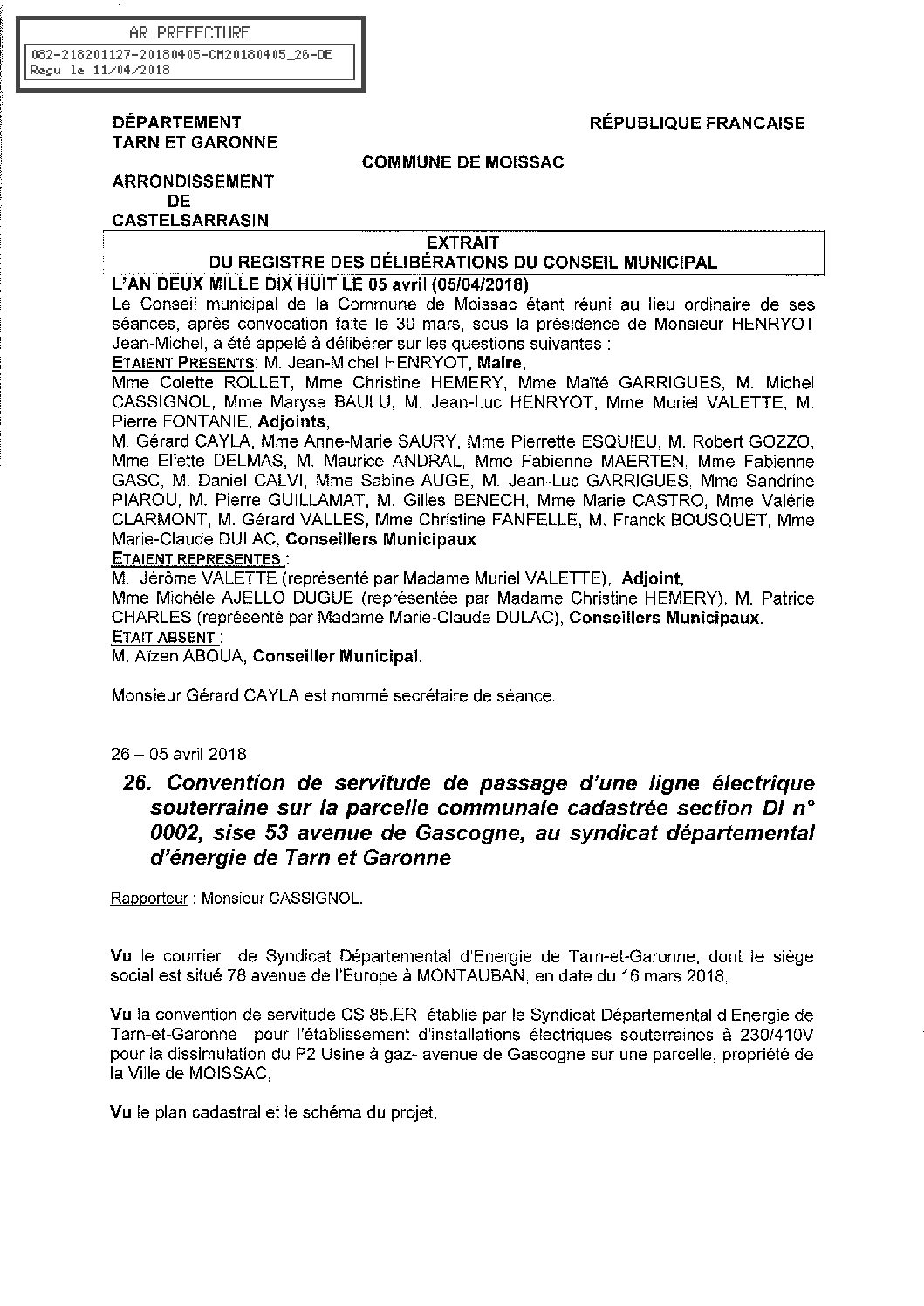 26 CONVENTION SERVITUDE PASSAGE LIGNE ELECTRIQUE SOUTERRAINE AV DE GASCOGNE SDE 82