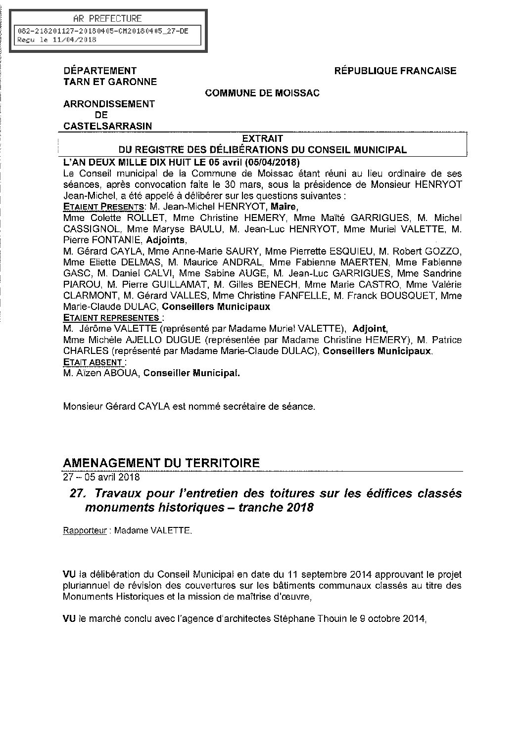 27 TRAVAUX ENTRETIEN TOITURES EDIFICES CLASSES MH TRANCHE 2018