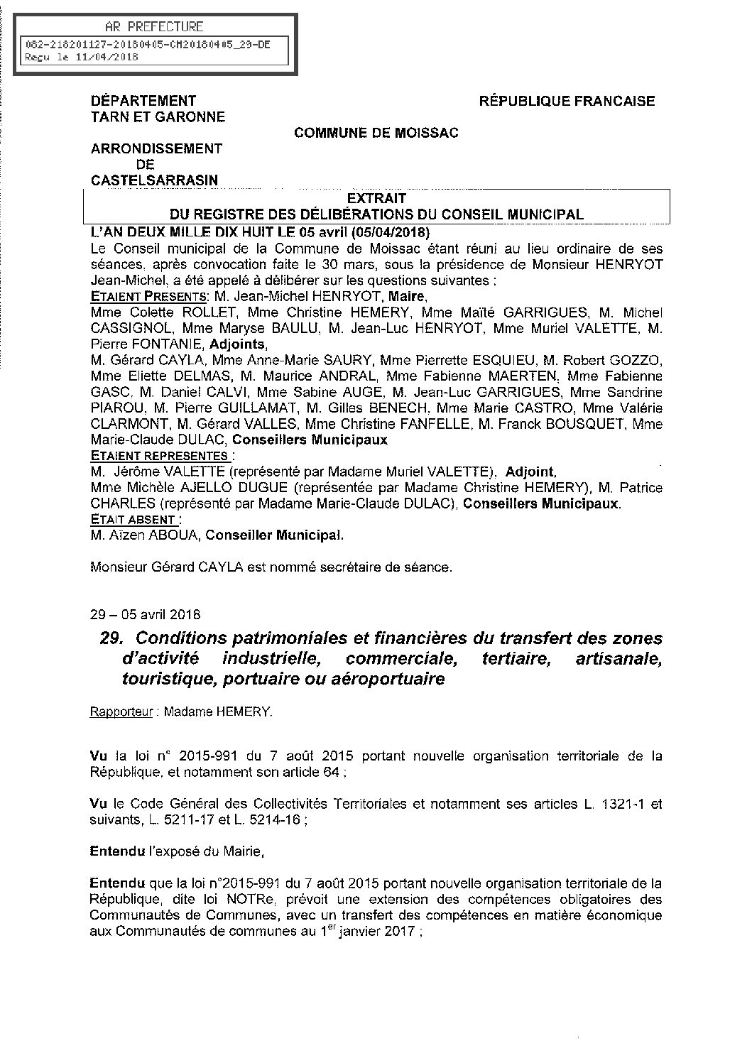 29 CONDITIONS PATRIMONIALES ET FINANCIERES TRANSFERT DES ZONES ACTIVITE INDUS COMMERCIALE