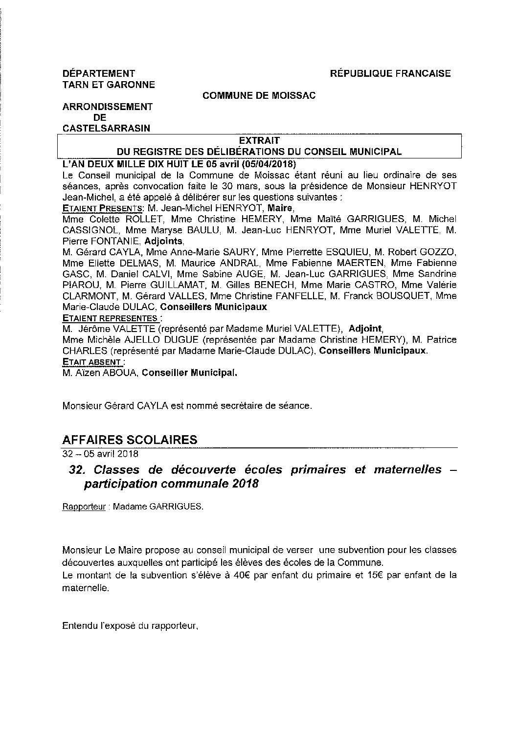 32 PARTICIPATION COMMUNALE 2018 CLASSES DECOUVERTES ECOLES PRIMAIRES ET MAETRNELLES