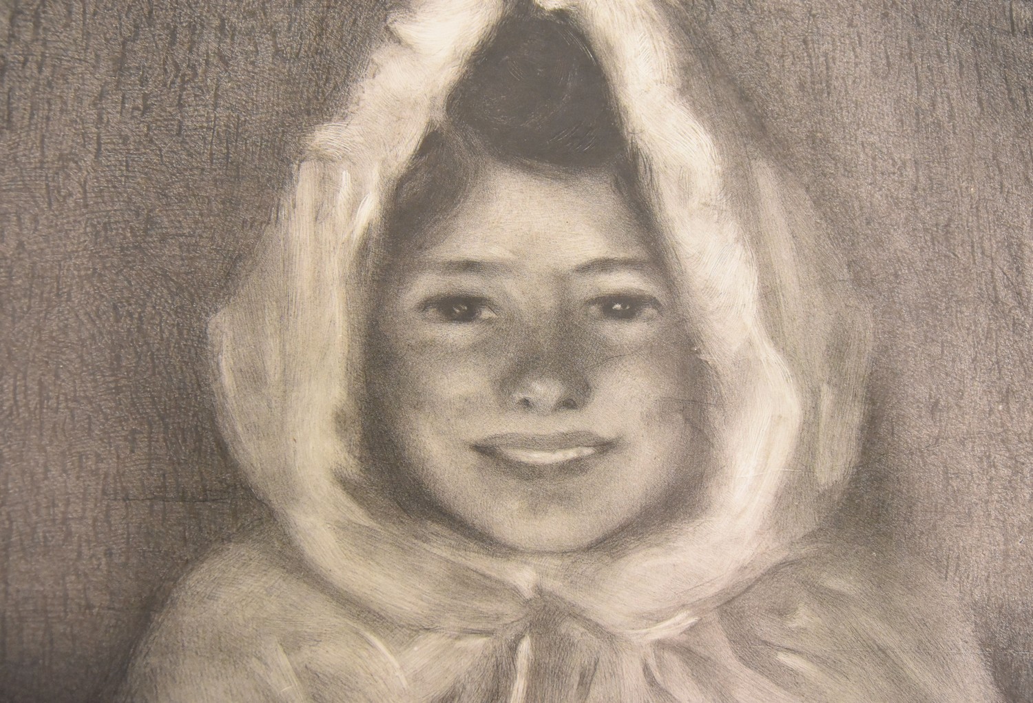 Gravure, visage d'enfant portant une cape à capuche ou un chaperon - Firmin Bouisset