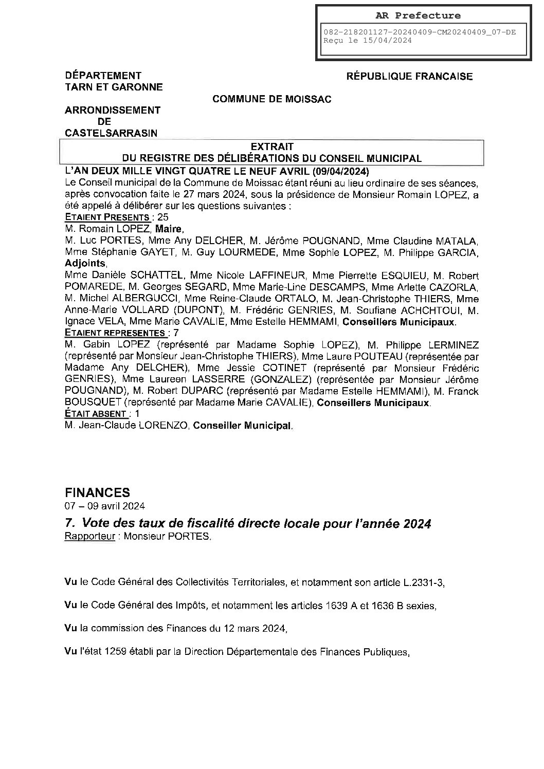 2024.04.07 FISCALITE DIRECTE LOCALE 2024 VOTE TAUX