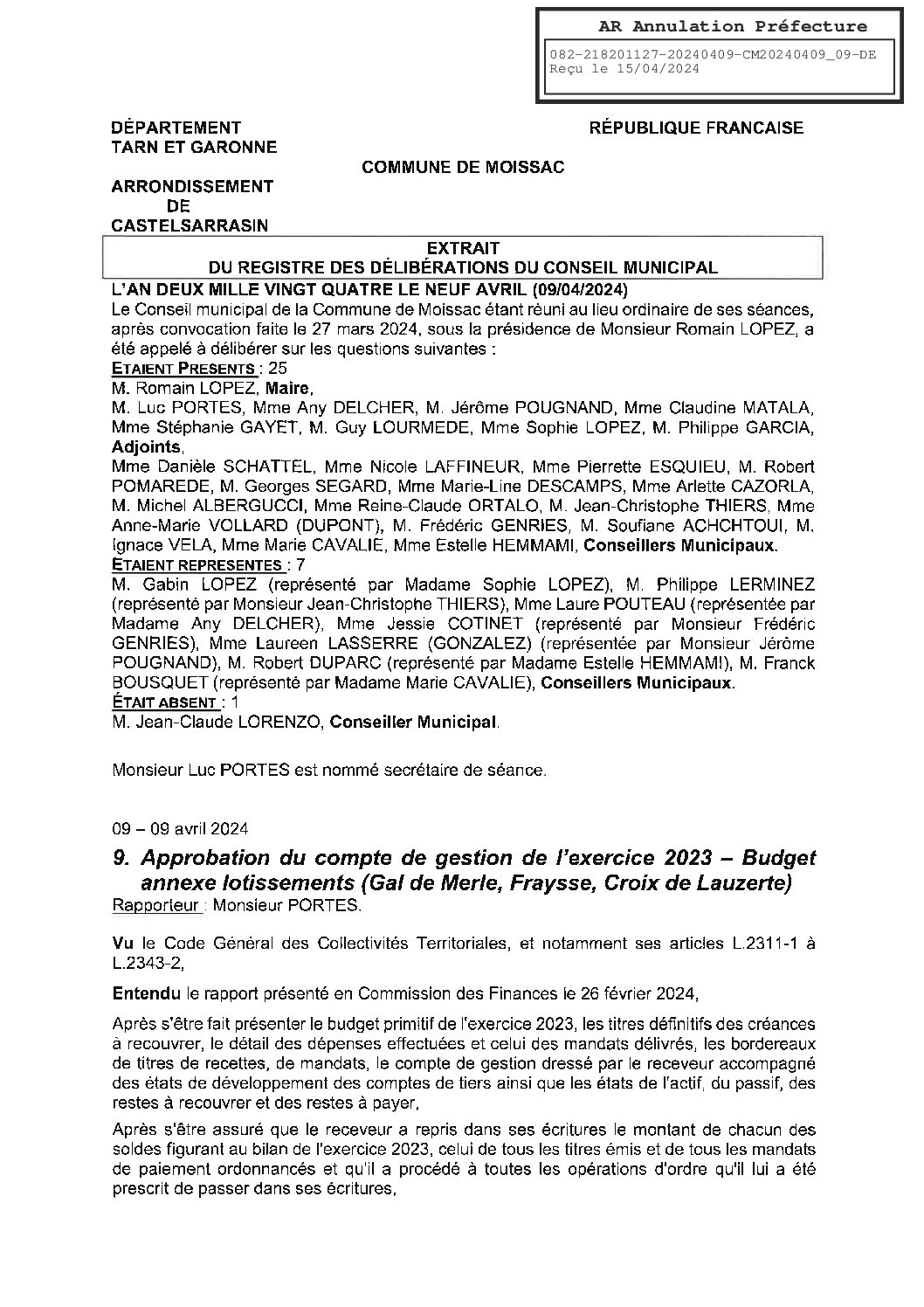 2024.04.09 APPROBATION COMPTE DE GESTION 2023 BUDGET ANNEXE LOTISSEMENTS