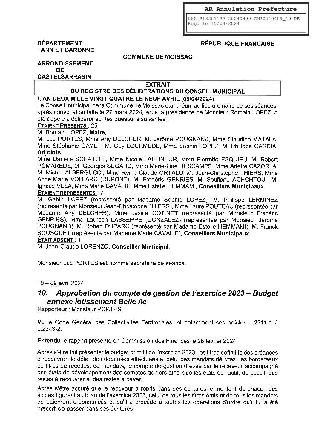 2024.04.10 APPROBATION COMPTE GESTION 2023 BUDGET ANNEXE BELLE ILE