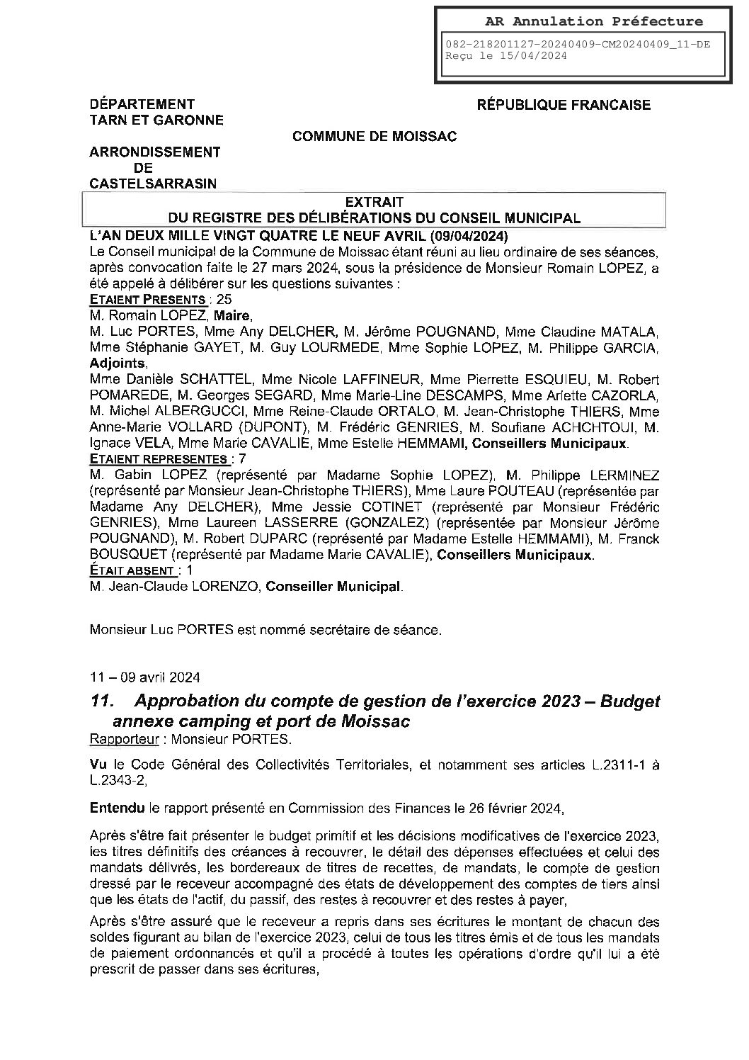 2024.04.11 APPROBATION COMPTE GESTION 2023 BUDGET ANNEXE CAMPING PORT