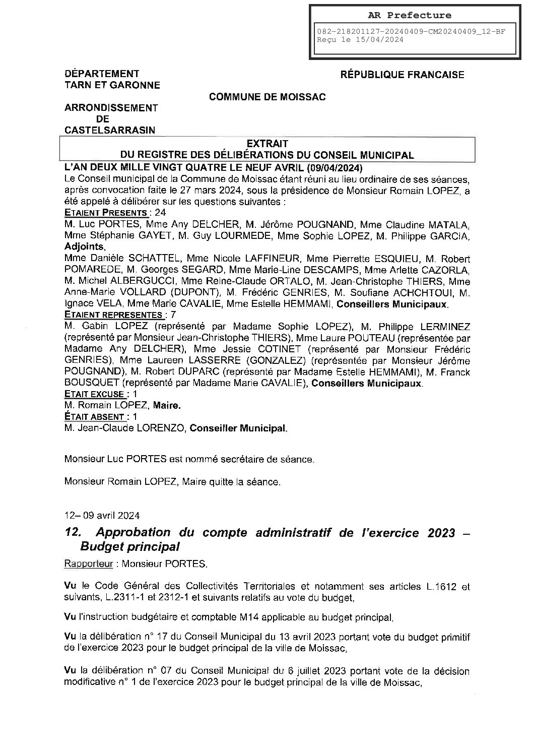 2024.04.12 APPROBATION COMPTE ADMINISTRATIF 2023 BUDGET PRINCIPAL