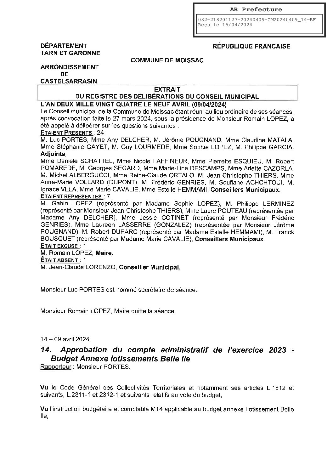 2024.04.14 APPROBATION COMPTE ADMINISTRATIF 2023 BUDGET ANNEXE BELLE ILE