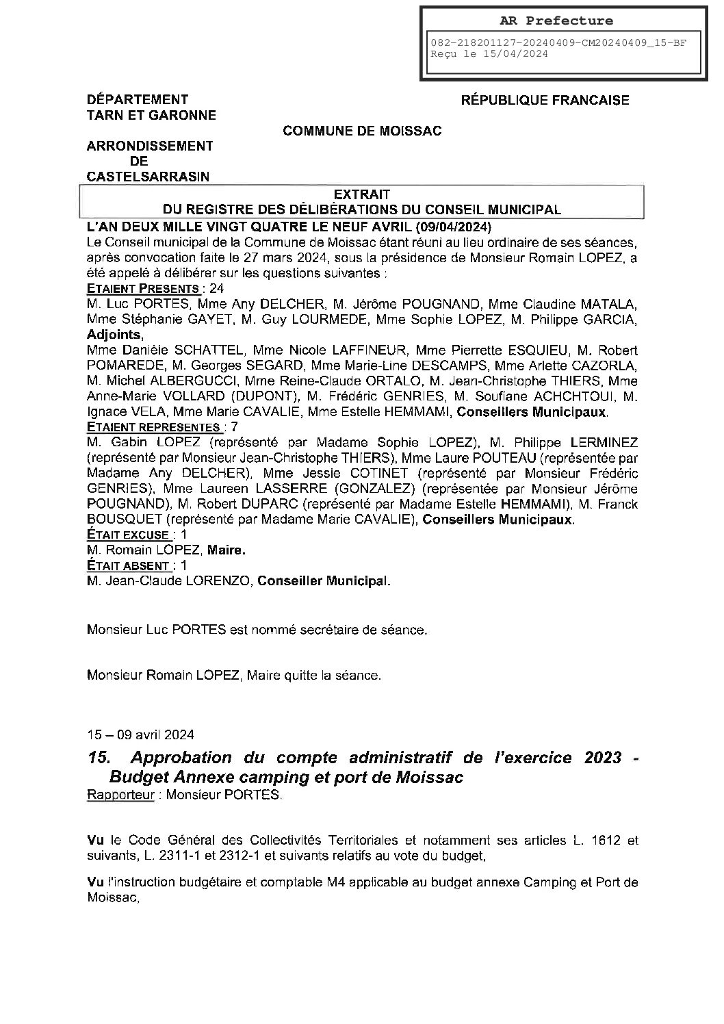 2024.04.15 APPROBATION COMPTE ADMINISTRATIF 2023 BUDGET ANNEXE CAMPING PORT