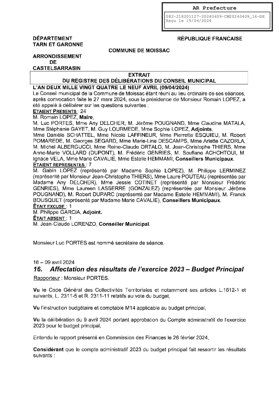 2024.04.16 AFFECTATION DES RESULTATS 2023 BUDGET PRINCIPAL