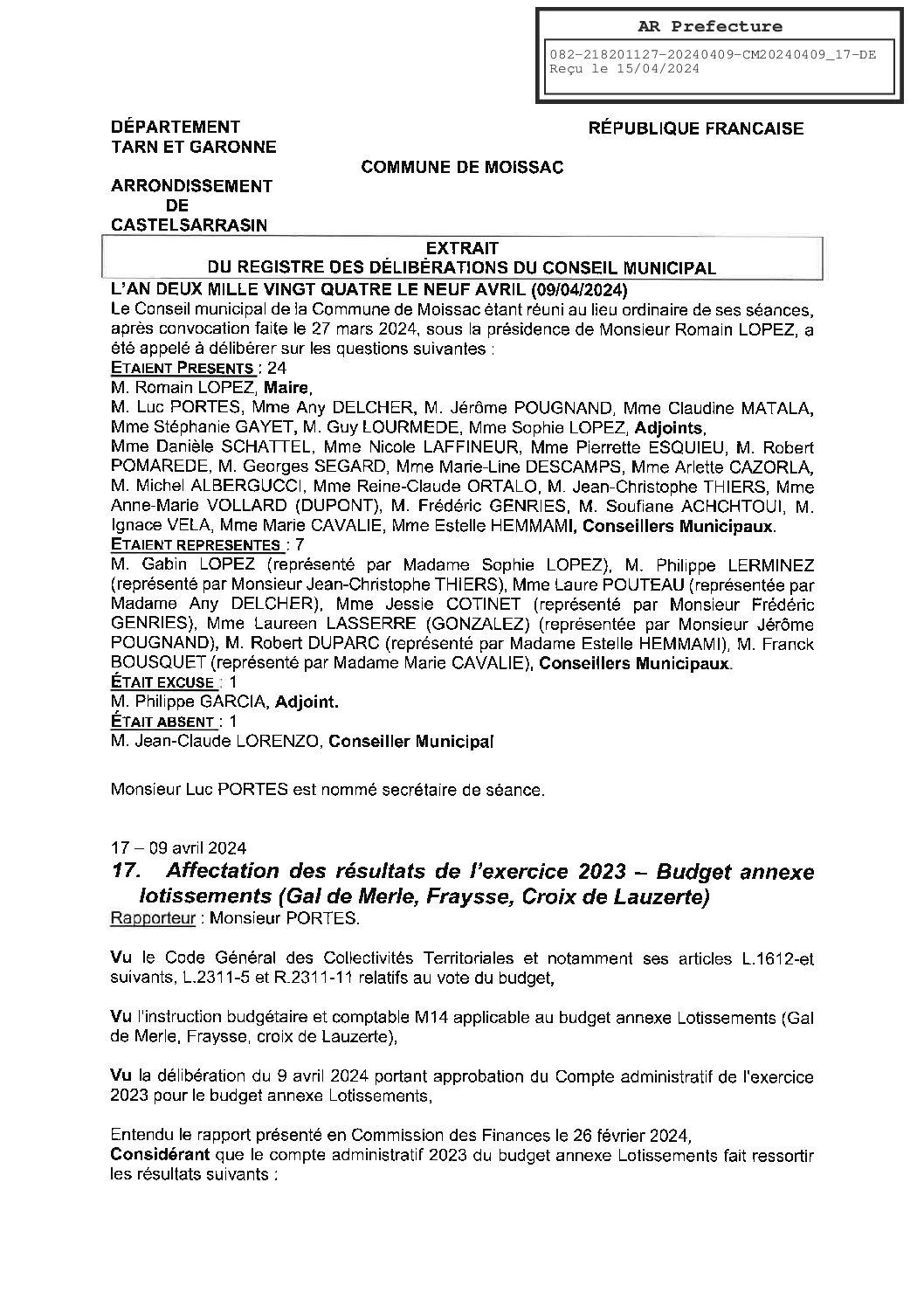 2024.04.17 AFFECTATION RESULTATS 2023 BUDGET ANNEXE LOTISSEMENTS