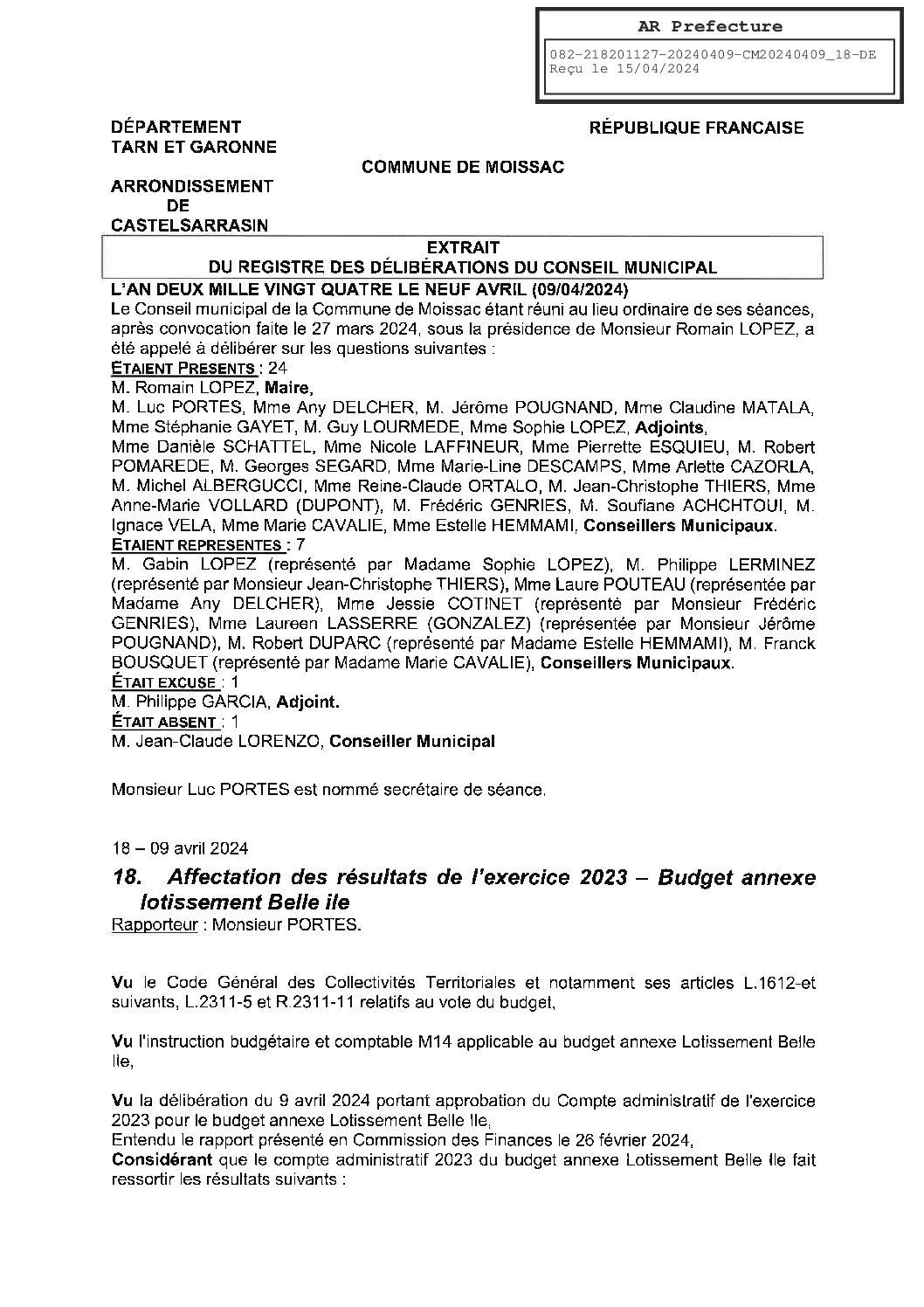 2024.04.18 AFFECTATION RESULTATS 2023 BUDGET ANNEXE BELLE ILE