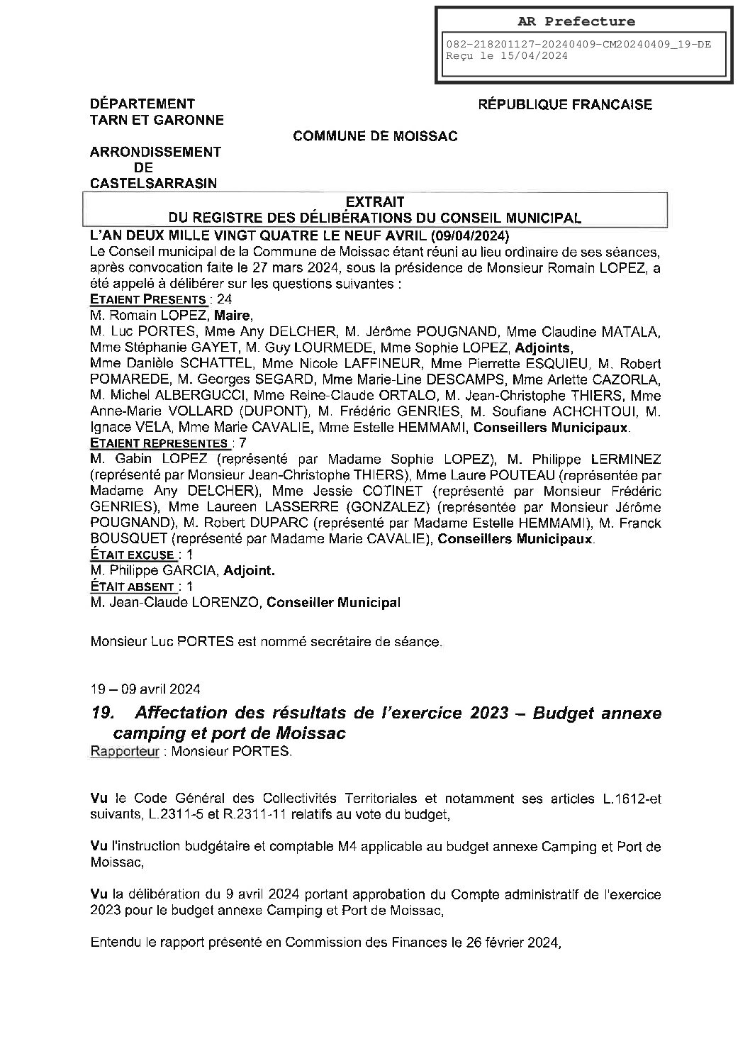 2024.04.19 AFFECTATION RESULTATS 2023 BUDGET ANNEXE CAMPING PORT