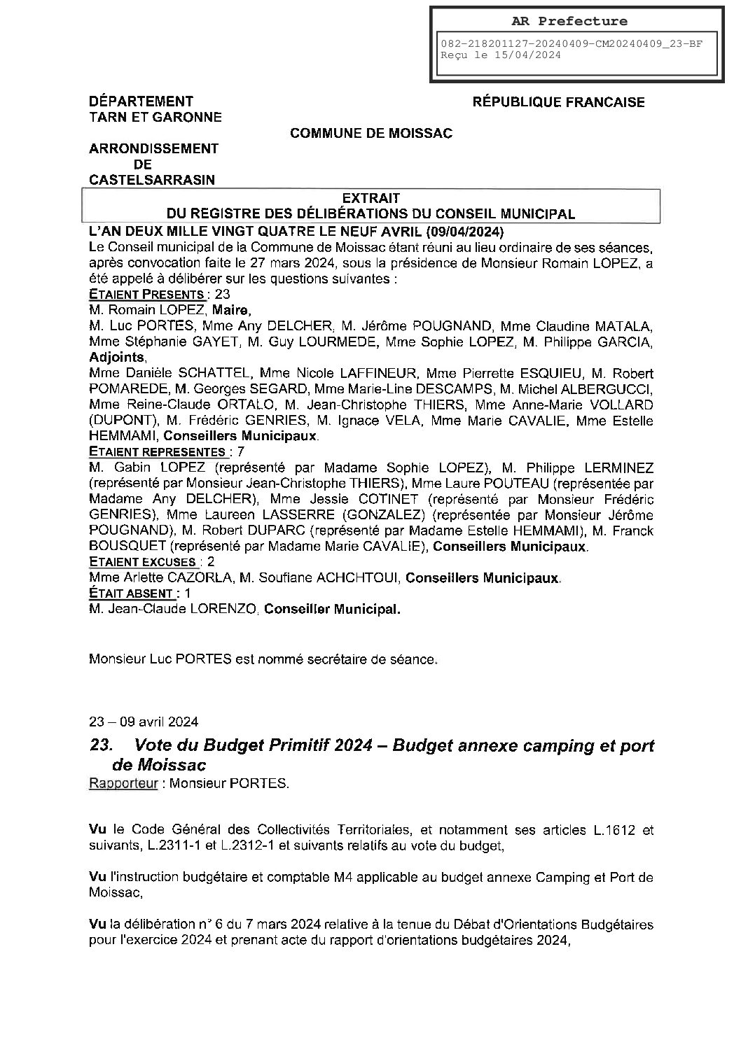 2024.04.23 BUDGET PRIMITIF 2024 BUDGET ANNEXE CAMPING PORT