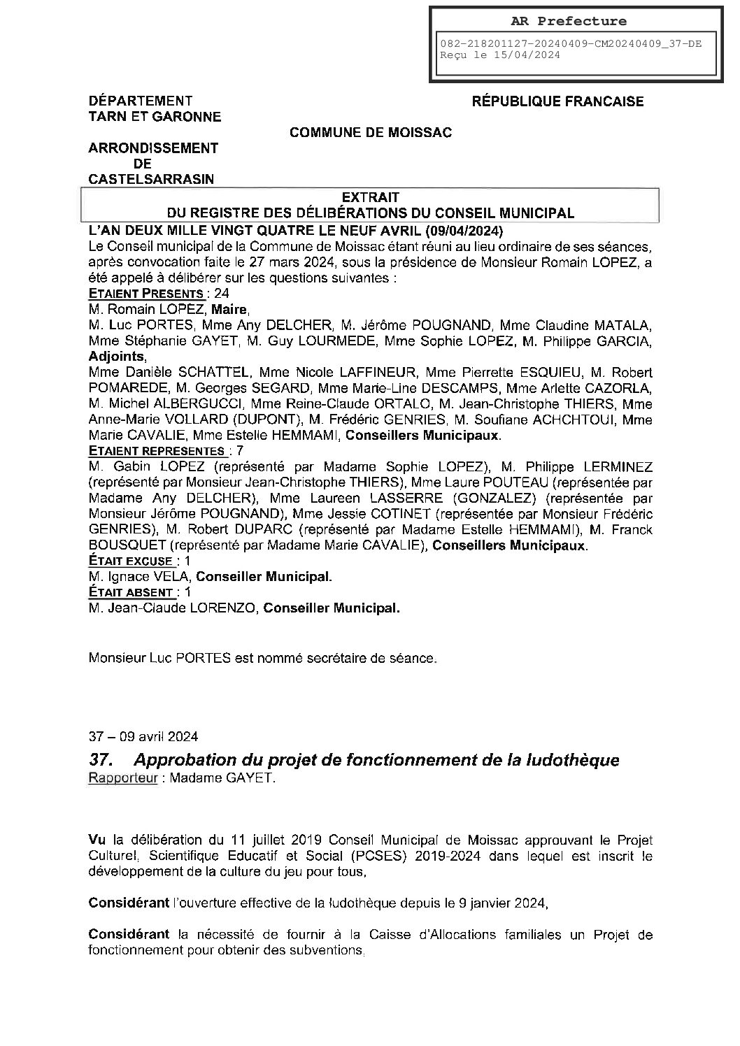 2024.04.37 APPROBATION REGLEMENT DE FONCTIONNEMENT LUDOTHEQUE