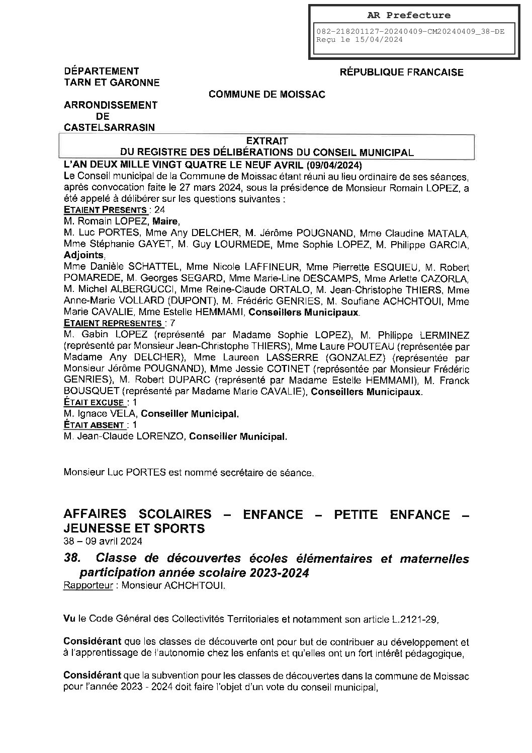 2024.04.38 CLASSES DE DECOUVERTE ECOLES ANNEE SCOLAIRE 2023.2024