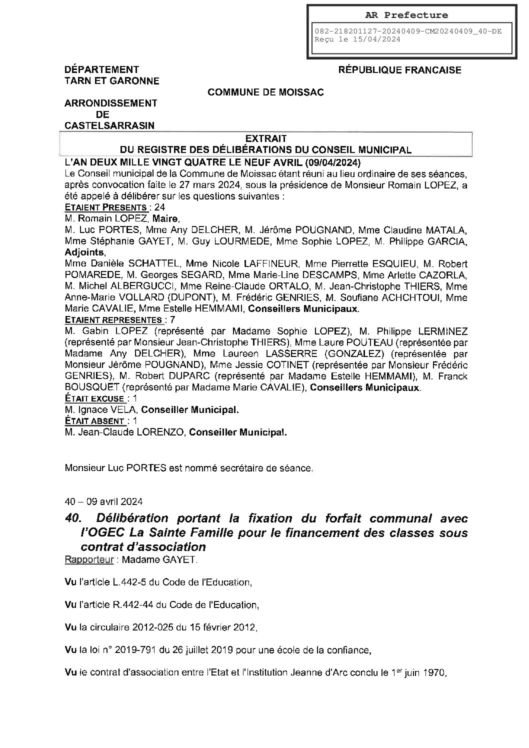 2024.04.40 FIXATION FORFAIT COMMUNAL OGEC LA SAINTE FAMILLE