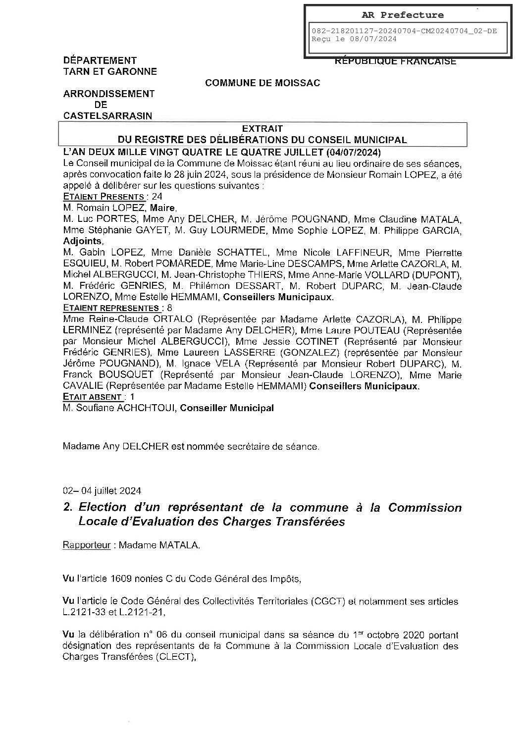 2024.07.02 ELECTION D’UN REPRESENTANT DE LA COMMUNE A LA CLECT