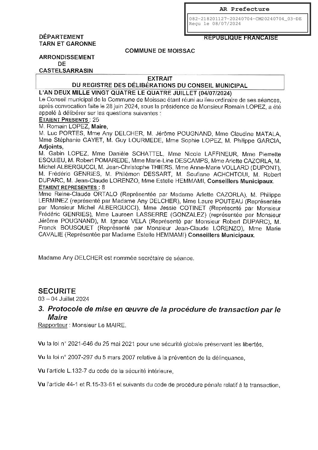 2024.07.03 APPROBATION PROTOCOLE DE MISE EN OUVRE DE LA PROCEDURE DE TRANSACTION PAR LE MAIRE