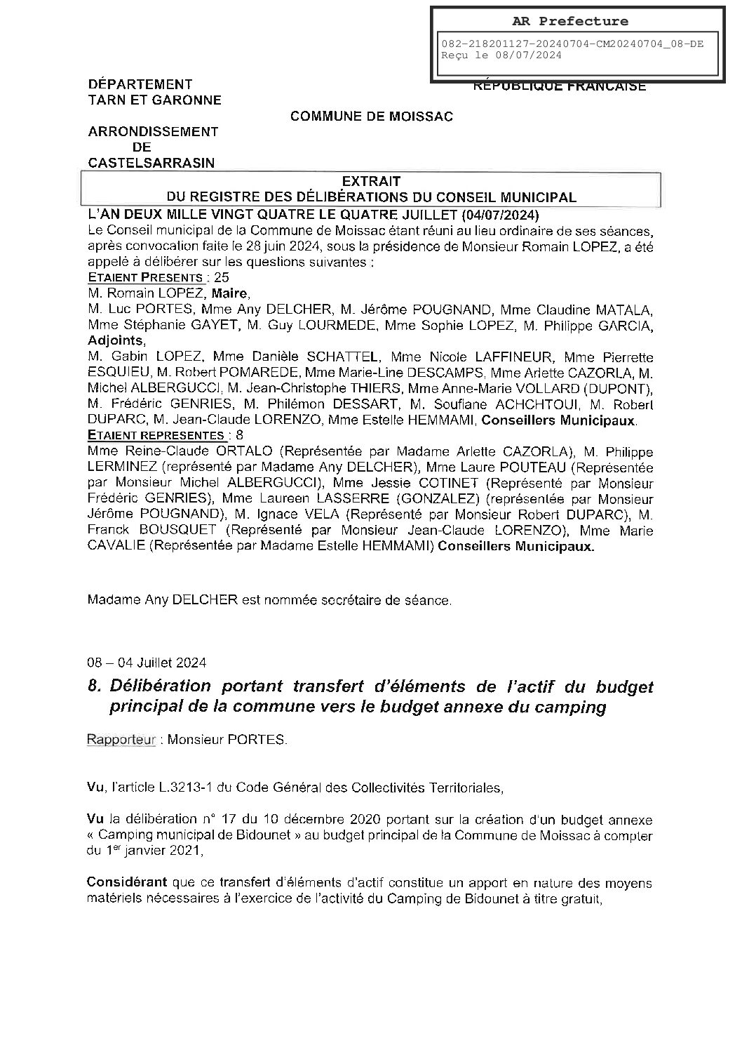 2024.07.08 DELIBERATION PORTANT TRANSFERT D’ELEMENTS DE L’ACTIF DU BUDGET PRINCIPAL DE LA COMMUNE VERS LE CAMPING