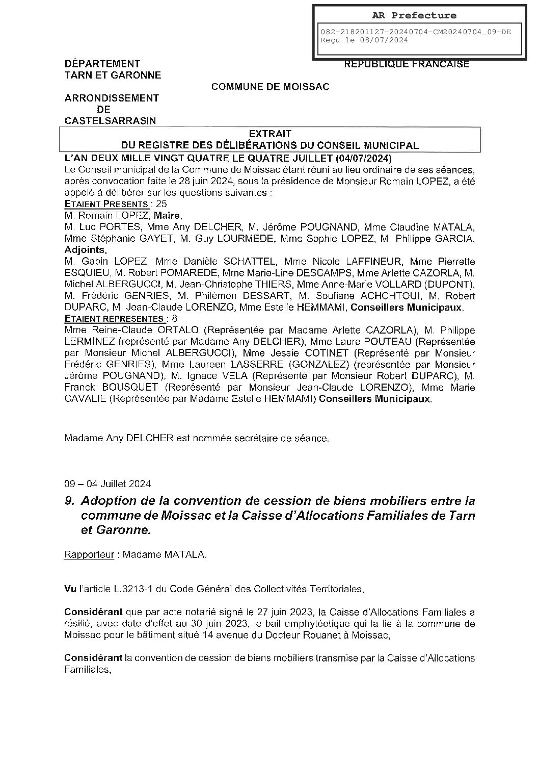 2024.07.09 ADOPTION DE LA CONVENTION DE CESSION DE BIENS MOBILERS ENTRE LA COMMUNE ET LA CAF