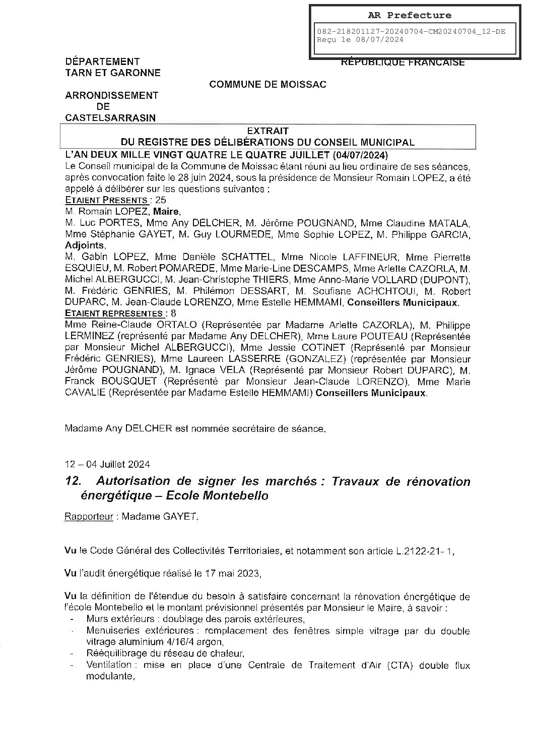 2024.07.12 AUTORISATION DE SIGNER LES MARCHES TRAVAUX RENOVATION ENERGETIQUE ECOLE MONTEBELLO