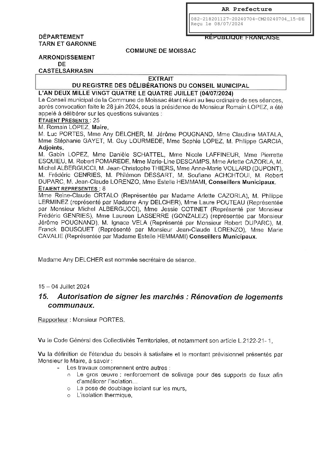 2024.07.15 AUTORISATION DE SIGNER LES MARCHES RENOVATION DE LOGEMENTS COMMUNAUX