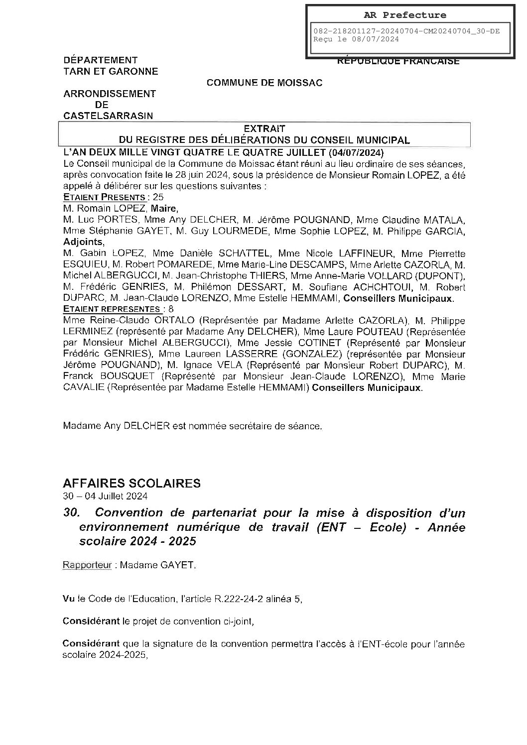 2024.07.30 CONVENTION DE PARTENARIAT POUR LA MISE A DISPOSITION D UN ENVIRIONNEMENT NUMERIQUE ENT ECOLE