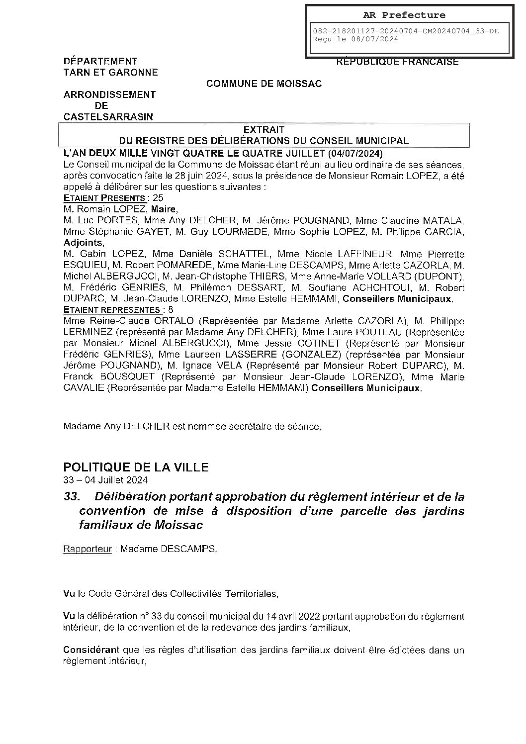 2024.07.33 APPROBATION REGLEMENT INTERIEUR JARDINS FAMILIAUX