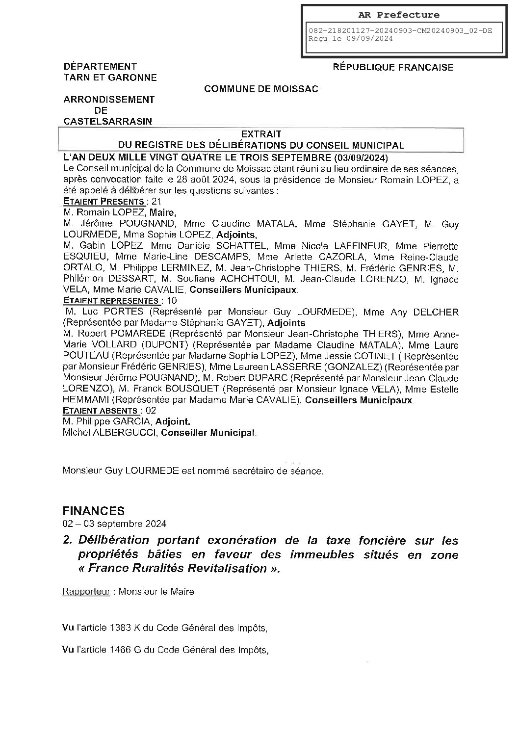 2024.09.02 DELIBERATION PORTANT EXONERATION DE LA TAXE FONCIERE SUR LES PROPRETES BATIES