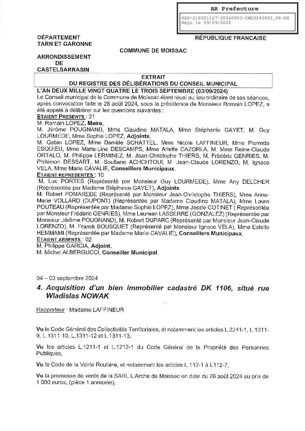 2024.09.04 ACQUISITION D’UN BIEN IMMOBILIER CADASTRE DK 1106 SITUE RUE WLADISLAS NOWAK