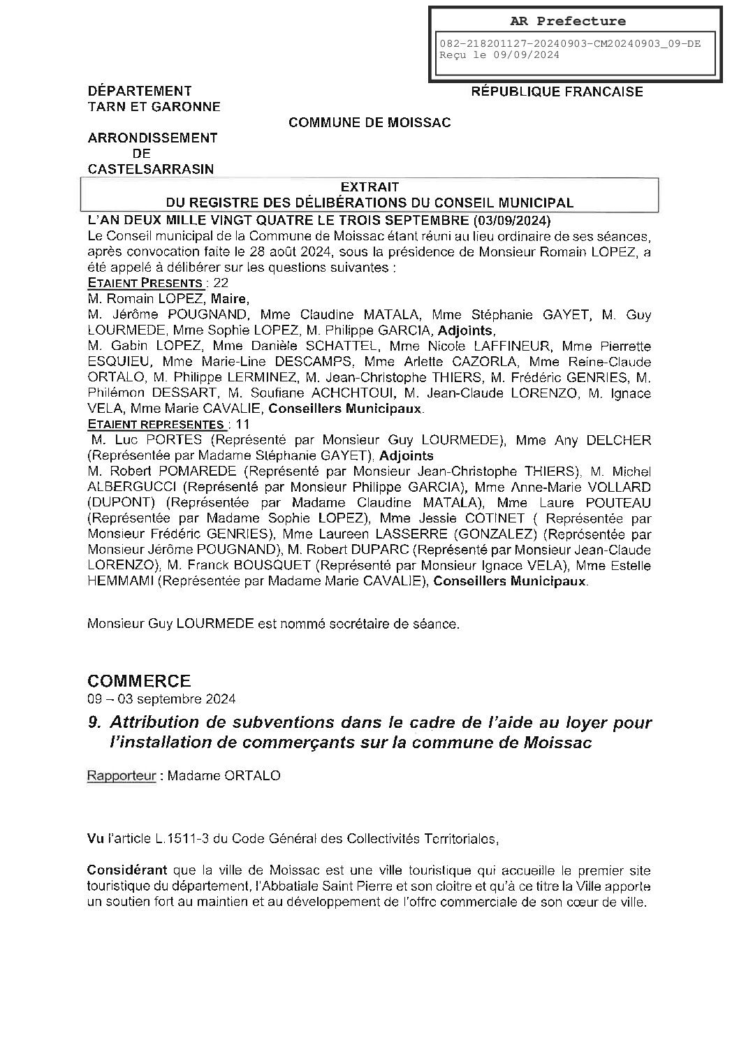 2024.09.09 ATTRIBUTION DE SUBVENTIONS AIDE AU LOYER DES COMMERCANTS