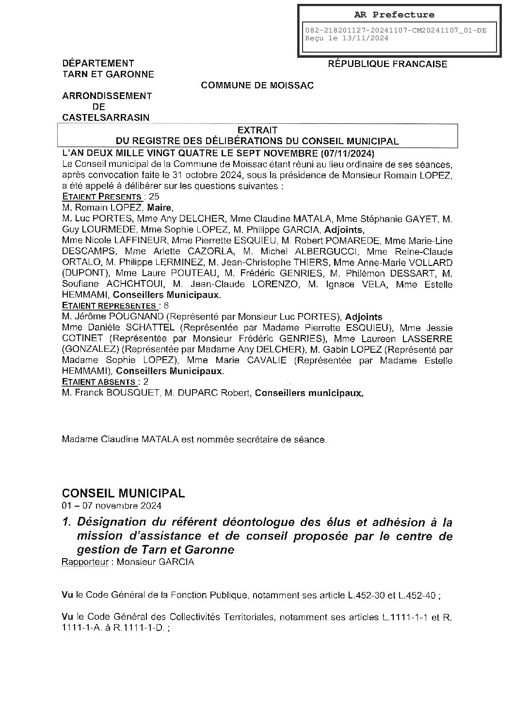 2024.11.01 DESIGNATION DU REFERENT DEONTOLOGUE DES ELUS