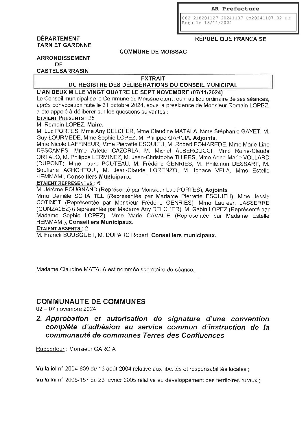 2024.11.02 APPROBATION ET AUTORISATION DE SIGNATURE D UNE CONVENTION D ADHESION AU SERVICE COMMUN